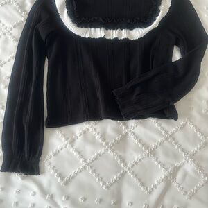 Sandro Black and White Ruffle Trim Sweatshirt